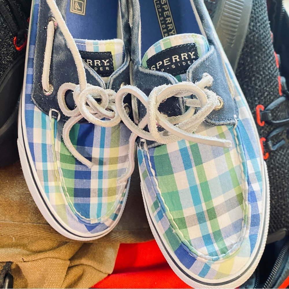 Sperry Top-Sider 2 Eye Boat Shoes, #9754375, Navy/Wht Plaid, Womens US Size 8.5